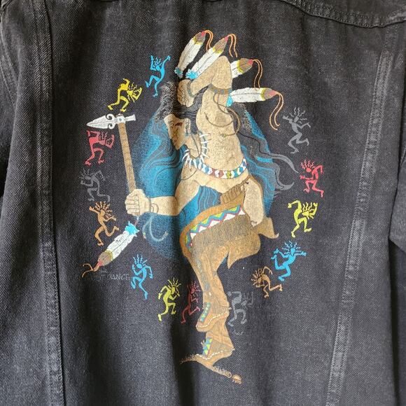 Vtg Todays News Denim Jean Jacket Mens Size Small Black Button Up Ghost Dance - Picture 9 of 13